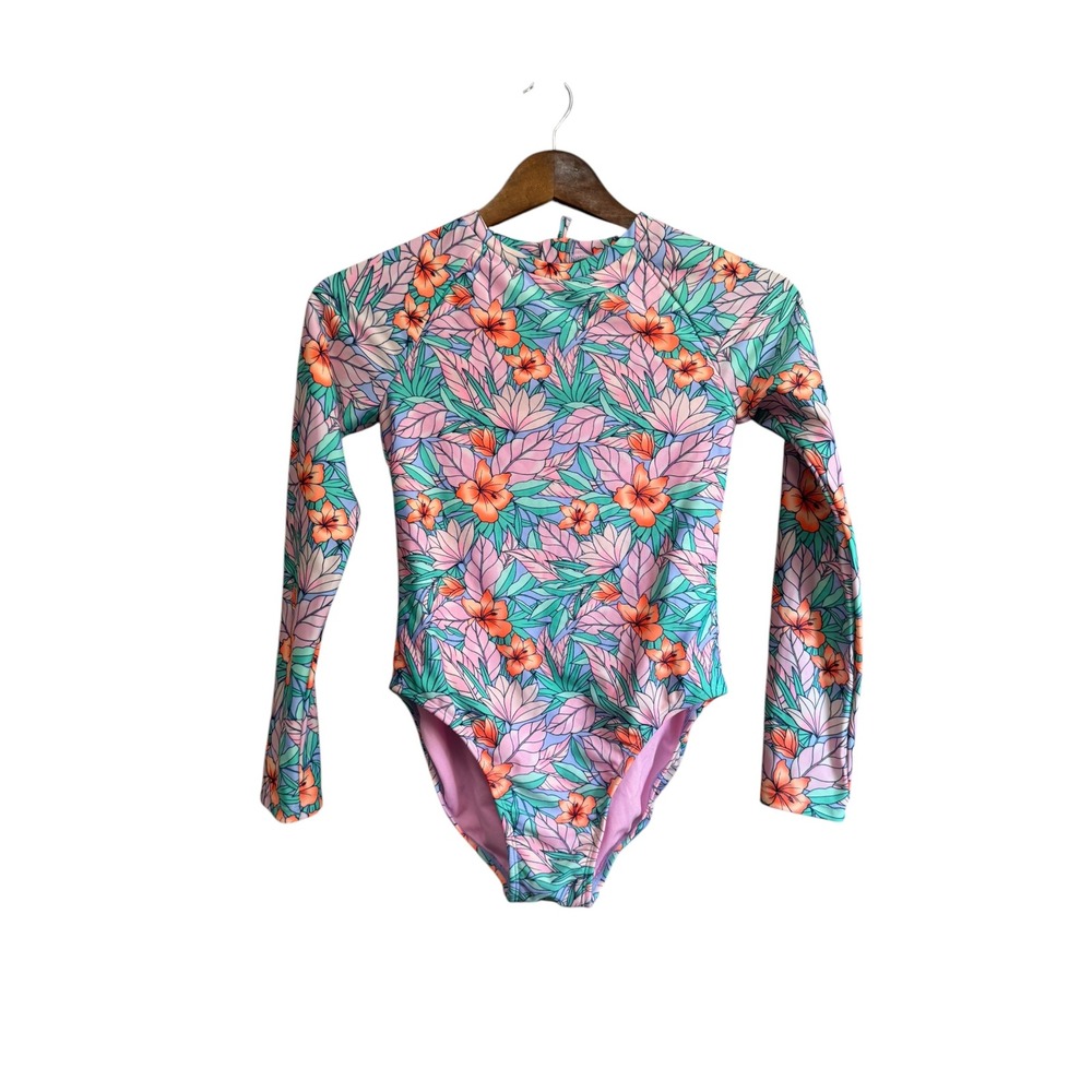 Cat & Jack Swimsuit Kids XL 14 Pink Floral Long Sleeve One Piece Rashguard